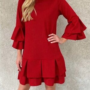 Chic Red Layered Long Sleeve Dress